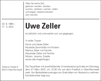 Traueranzeige von Uwe Zeller von Echo-Zeitungen (Gesamtausgabe)