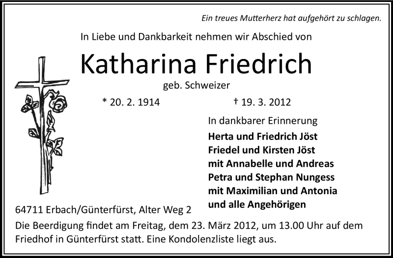  Traueranzeige für Katharina Friedrich vom 21.03.2012 aus Odenwälder Echo