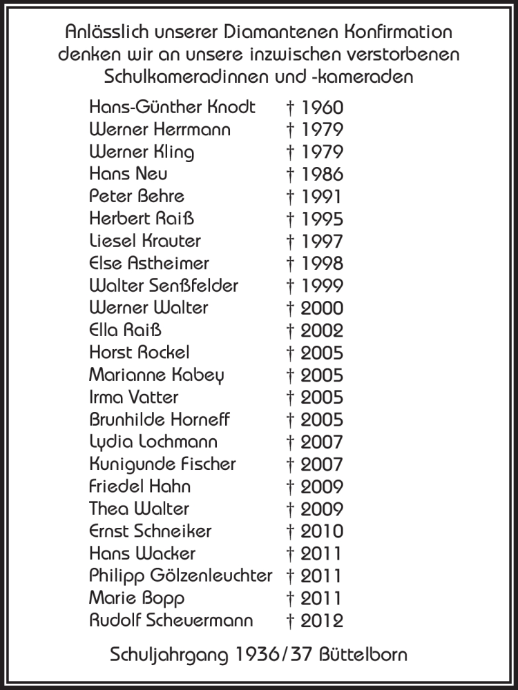  Traueranzeige für Schuljahrgang 1936/37 gedenken vom 31.03.2012 aus Rüsselsheimer Echo, Groß-Gerauer-Echo, Ried Echo