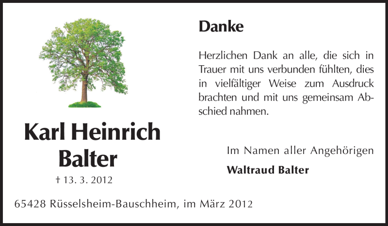  Traueranzeige für Karl Heinrich Balter vom 23.03.2012 aus Rüsselsheimer Echo, Groß-Gerauer-Echo, Ried Echo