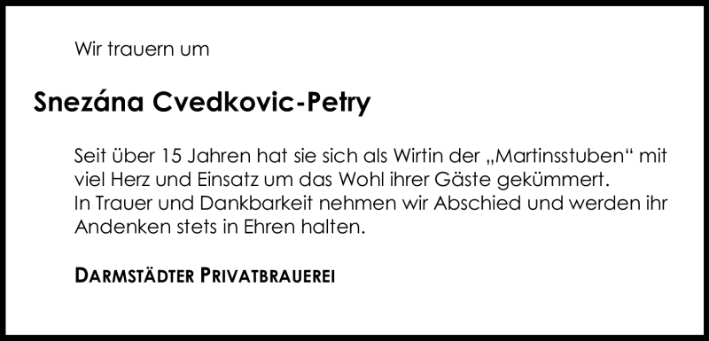  Traueranzeige für Snezana Cvedkovic-Petry vom 21.03.2012 aus Echo-Zeitungen (Gesamtausgabe)