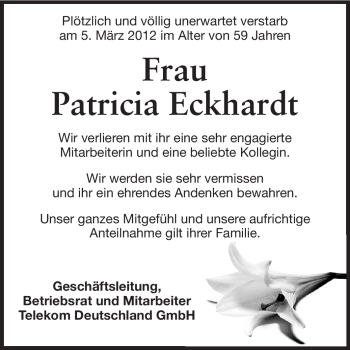 Traueranzeige von Patricia Eckhardt von Echo-Zeitungen (Gesamtausgabe)