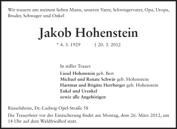 Traueranzeige von Jakob Hohenstein von Rüsselsheimer Echo, Groß-Gerauer-Echo, Ried Echo