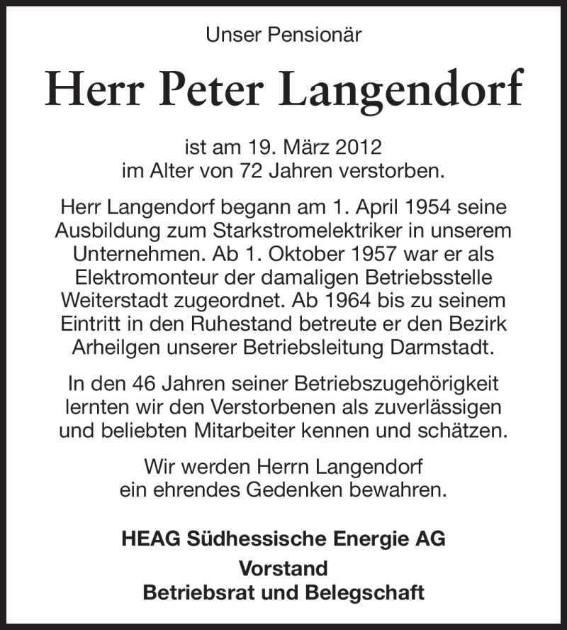  Traueranzeige für Peter Langendorf vom 24.03.2012 aus Echo-Zeitungen (Gesamtausgabe)