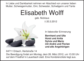 Traueranzeige von Elisabeth Wolff von Odenwälder Echo