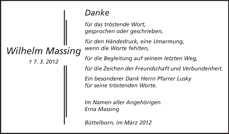  Traueranzeige für Wilhelm Massing vom 24.03.2012 aus Rüsselsheimer Echo, Groß-Gerauer-Echo, Ried Echo