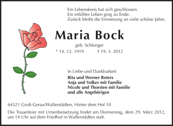 Traueranzeige von Maria Bock von Rüsselsheimer Echo, Groß-Gerauer-Echo, Ried Echo