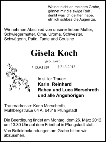Traueranzeige von Gisela Koch von Echo-Zeitungen (Gesamtausgabe)