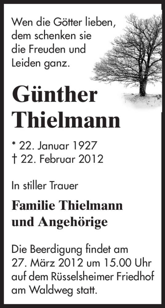  Traueranzeige für Günther Thielmann vom 24.03.2012 aus Rüsselsheimer Echo, Groß-Gerauer-Echo, Ried Echo