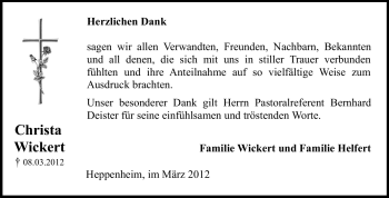 Traueranzeige von Christa Wickert von Starkenburger Echo, Bergsträßer Anzeiger