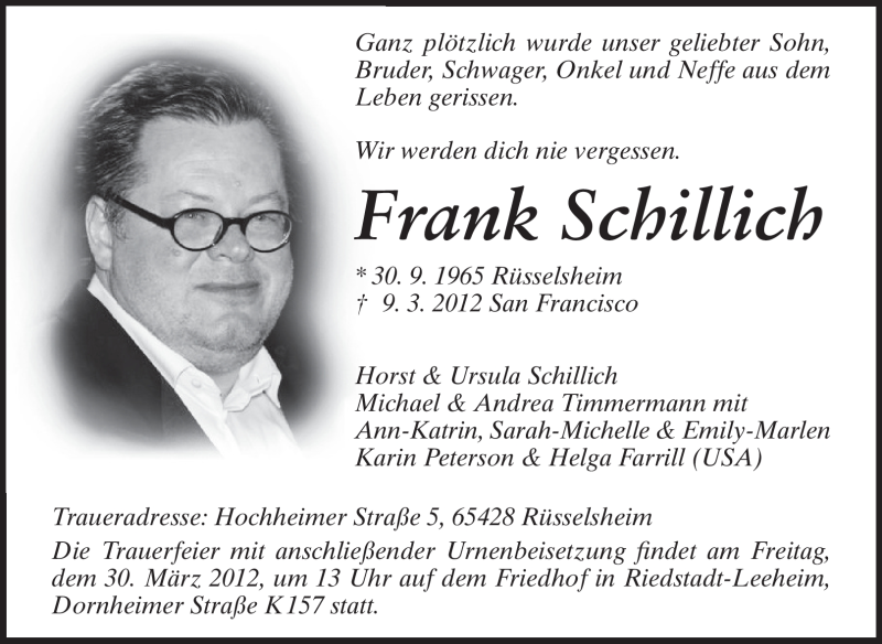  Traueranzeige für Frank Schillich vom 24.03.2012 aus Rüsselsheimer Echo, Groß-Gerauer-Echo, Ried Echo
