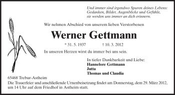 Traueranzeige von Werner Gettmann von Rüsselsheimer Echo, Groß-Gerauer-Echo, Ried Echo