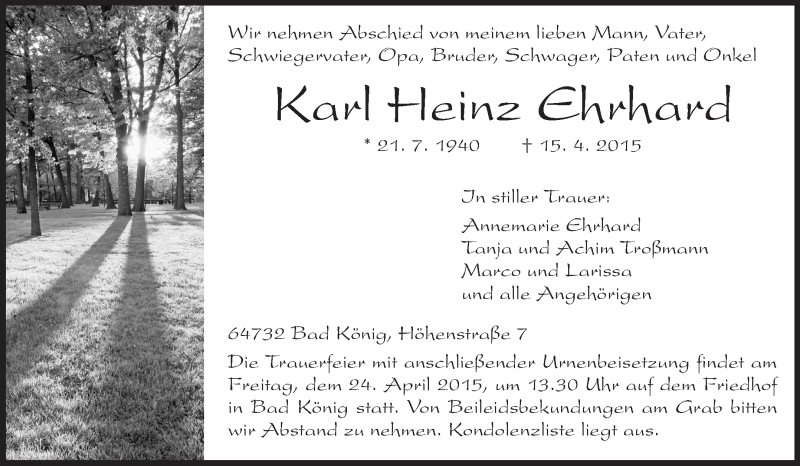  Traueranzeige für Karl Heinz Erhard vom 22.04.2015 aus Odenwälder Echo