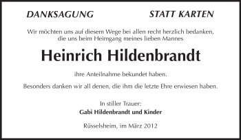 Traueranzeige von Heinrich Hildenbrandt von Rüsselsheimer Echo, Groß-Gerauer-Echo, Ried Echo