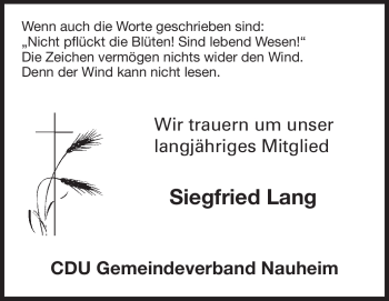 Traueranzeige von Siegfried Lang von Echo-Zeitungen (Gesamtausgabe)