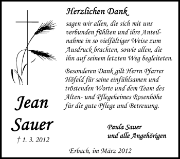 Traueranzeige von Jean Sauer von Odenwälder Echo