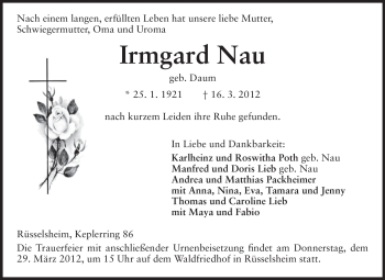Traueranzeige von Irmgard Nau von Rüsselsheimer Echo, Groß-Gerauer-Echo, Ried Echo