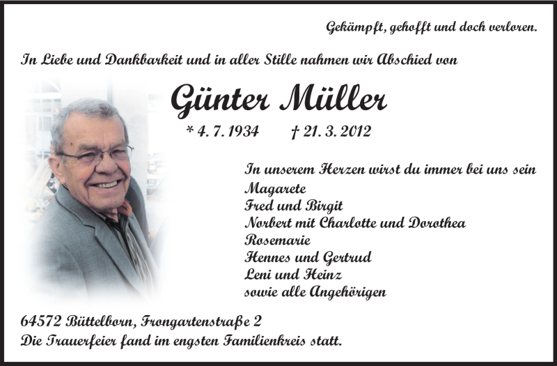  Traueranzeige für Günter Müller vom 29.03.2012 aus Rüsselsheimer Echo, Groß-Gerauer-Echo, Ried Echo