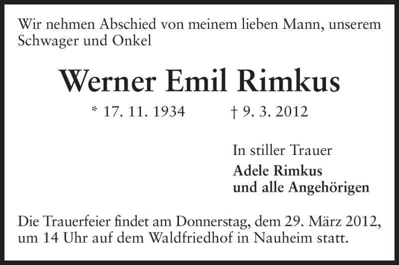  Traueranzeige für Werner Emil Rimkus vom 27.03.2012 aus Rüsselsheimer Echo, Groß-Gerauer-Echo, Ried Echo