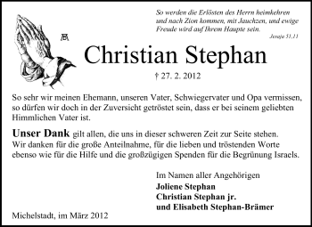 Traueranzeige von Christian Stephan von Echo-Zeitungen (Gesamtausgabe)