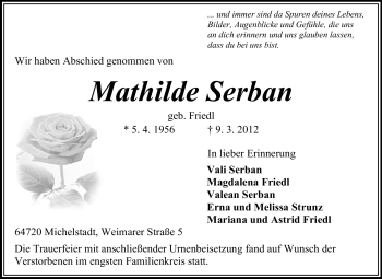 Traueranzeige von Mathilde Serban von Odenwälder Echo