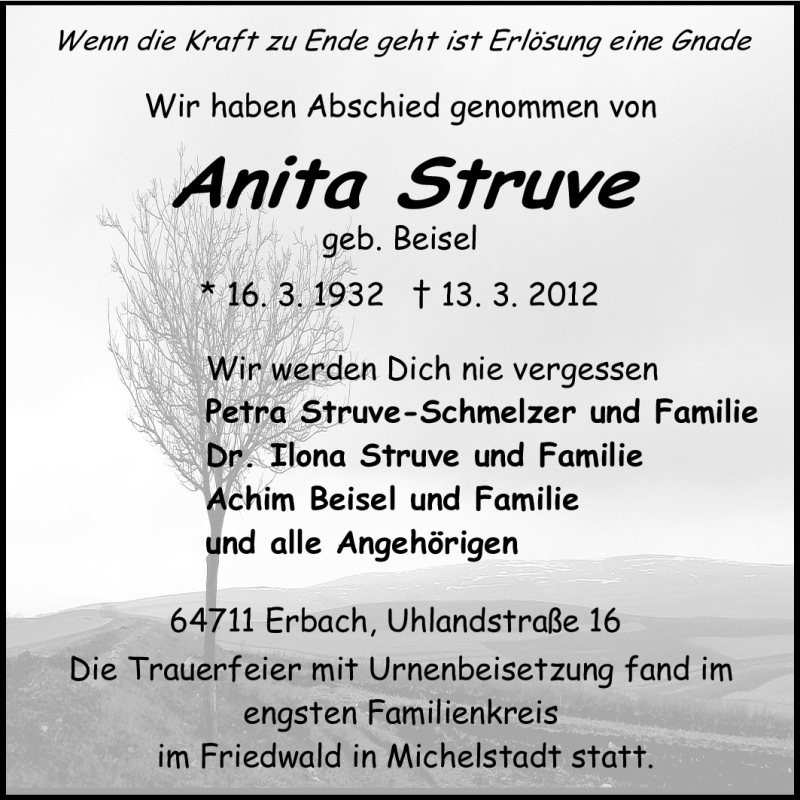  Traueranzeige für Anita Struve vom 31.03.2012 aus Odenwälder Echo
