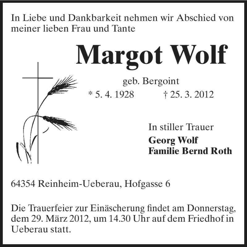  Traueranzeige für Margot Wolf vom 26.03.2012 aus Darmstädter Echo, Odenwälder Echo, Rüsselsheimer Echo, Groß-Gerauer-Echo, Ried Echo