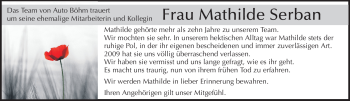 Traueranzeige von Mathilde Serban von Odenwälder Echo