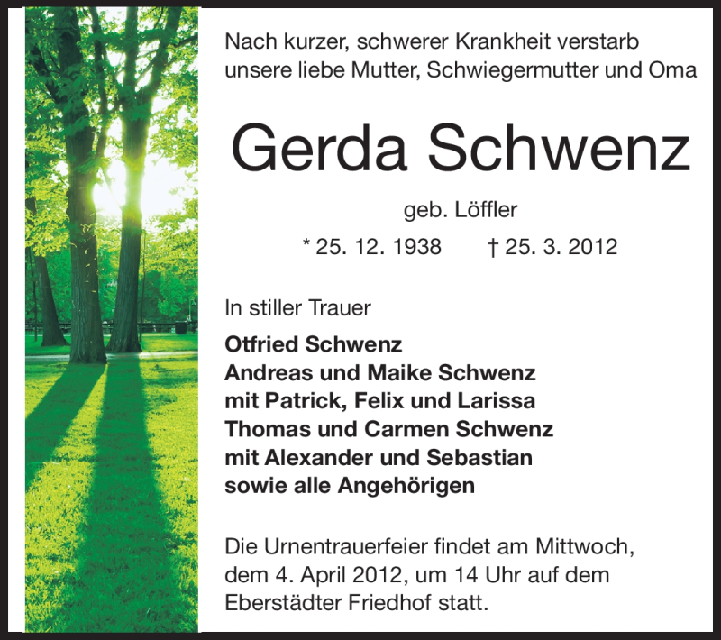  Traueranzeige für Gerda Schwenz vom 31.03.2012 aus Echo-Zeitungen (Gesamtausgabe)