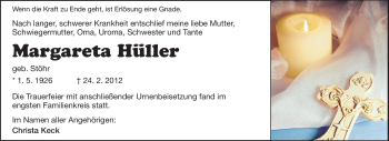 Traueranzeige von Margareta Hüller von Darmstädter Echo, Odenwälder Echo, Rüsselsheimer Echo, Groß-Gerauer-Echo, Ried Echo