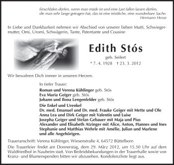 Traueranzeige von Edith Stós von Rüsselsheimer Echo, Groß-Gerauer-Echo, Ried Echo