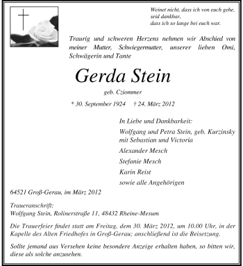 Traueranzeige von Gerda Stein von Rüsselsheimer Echo, Groß-Gerauer-Echo, Ried Echo