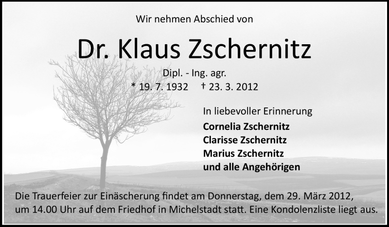  Traueranzeige für Klaus Zschernitz vom 27.03.2012 aus Odenwälder Echo