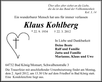 Traueranzeige von Klaus Kohlberg von Echo-Zeitungen (Gesamtausgabe)