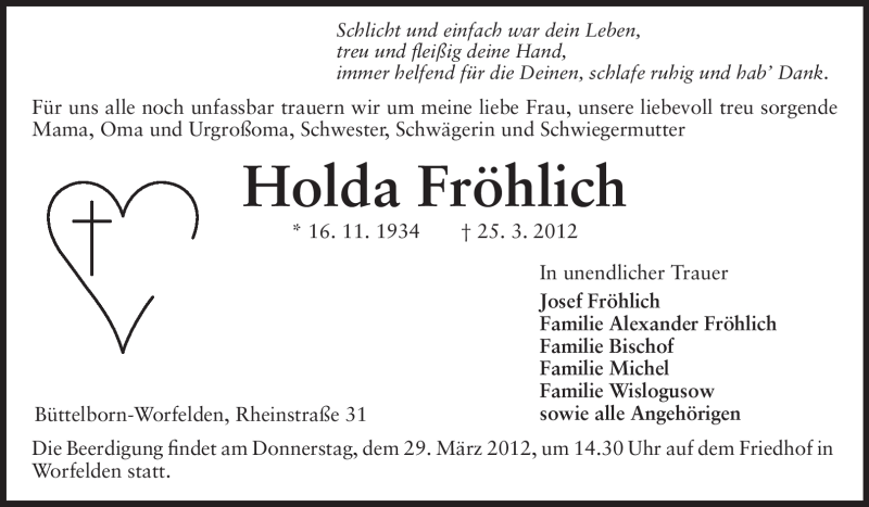  Traueranzeige für Holda Fröhlich vom 28.03.2012 aus Rüsselsheimer Echo, Groß-Gerauer-Echo, Ried Echo