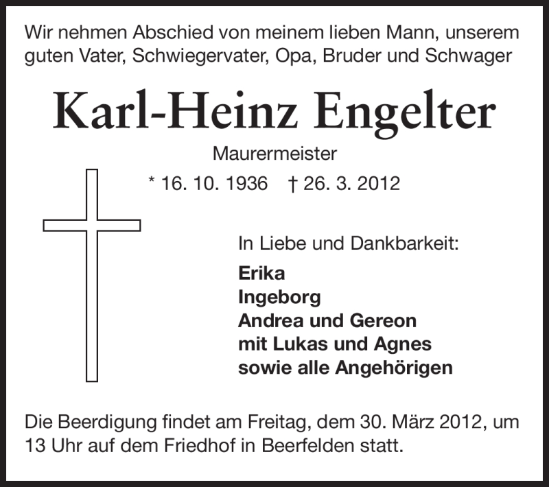  Traueranzeige für Karl-Heinz Engelter vom 28.03.2012 aus Odenwälder Echo