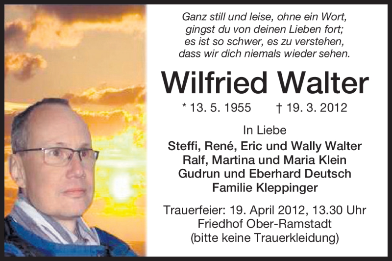  Traueranzeige für Wilfried Walter vom 14.04.2012 aus Echo-Zeitungen (Gesamtausgabe)