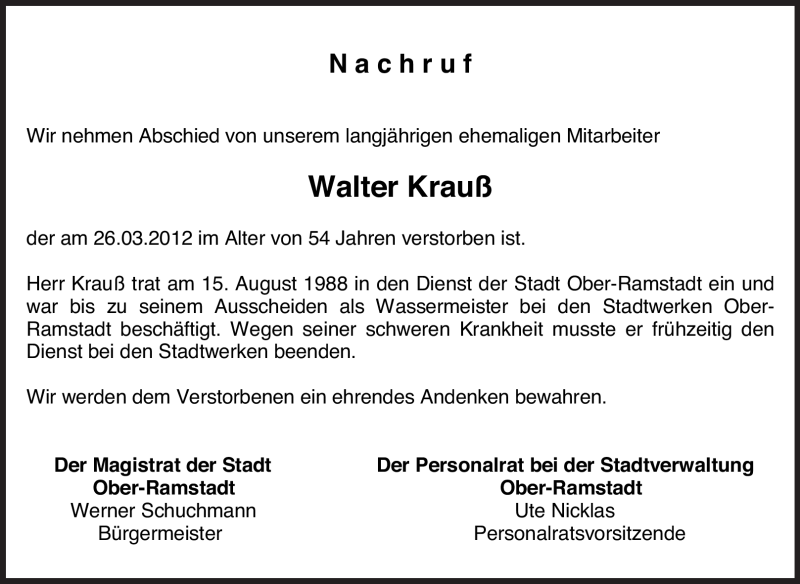  Traueranzeige für Walter Krauß vom 31.03.2012 aus Echo-Zeitungen (Gesamtausgabe)