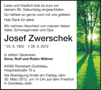Traueranzeige von Josef Zwerschek von Rüsselsheimer Echo, Groß-Gerauer-Echo, Ried Echo