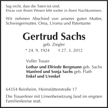 Traueranzeige von Gertrud Sachs von Darmstädter Echo, Odenwälder Echo, Rüsselsheimer Echo, Groß-Gerauer-Echo, Ried Echo