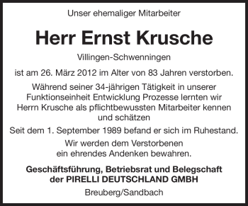 Traueranzeige von Ernst Krusche von Odenwälder Echo