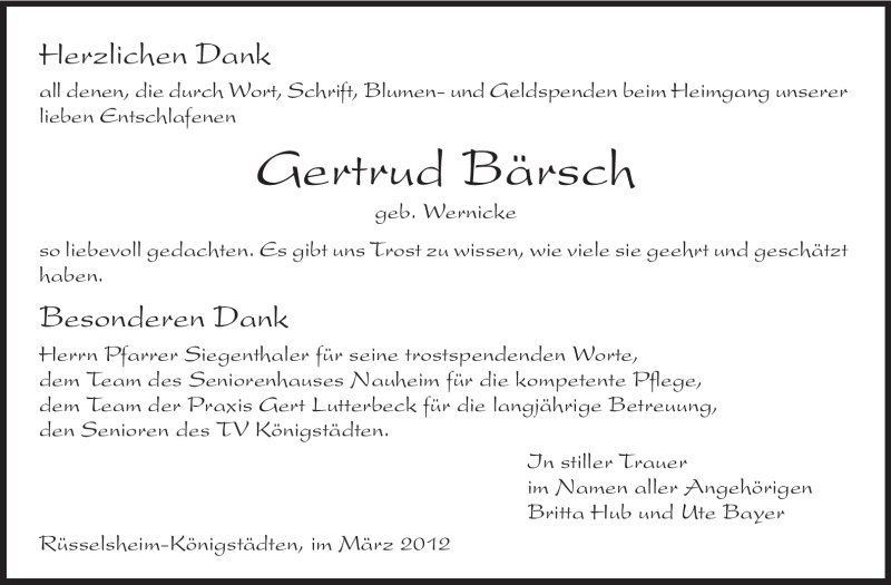  Traueranzeige für Gertrud Bärsch vom 31.03.2012 aus Rüsselsheimer Echo, Groß-Gerauer-Echo, Ried Echo