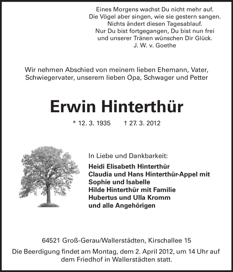 Traueranzeige für Erwin Hinterthür vom 30.03.2012 aus Rüsselsheimer Echo, Groß-Gerauer-Echo, Ried Echo
