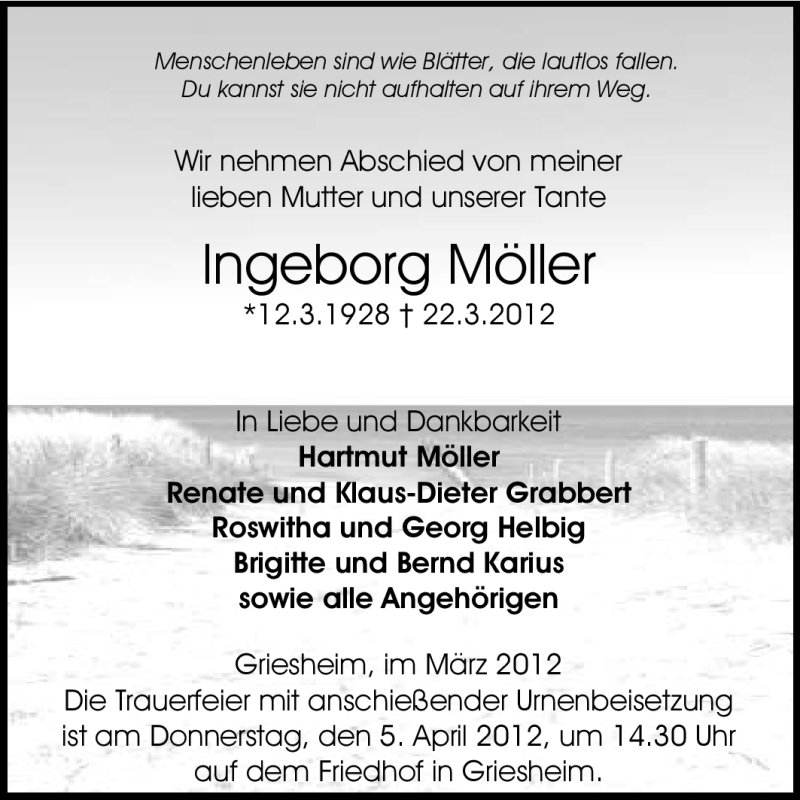  Traueranzeige für Ingeborg Möller vom 31.03.2012 aus Echo-Zeitungen (Gesamtausgabe)