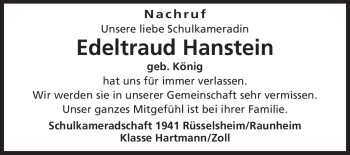 Traueranzeige von Edeltraud Hanstein von Rüsselsheimer Echo, Groß-Gerauer-Echo, Ried Echo