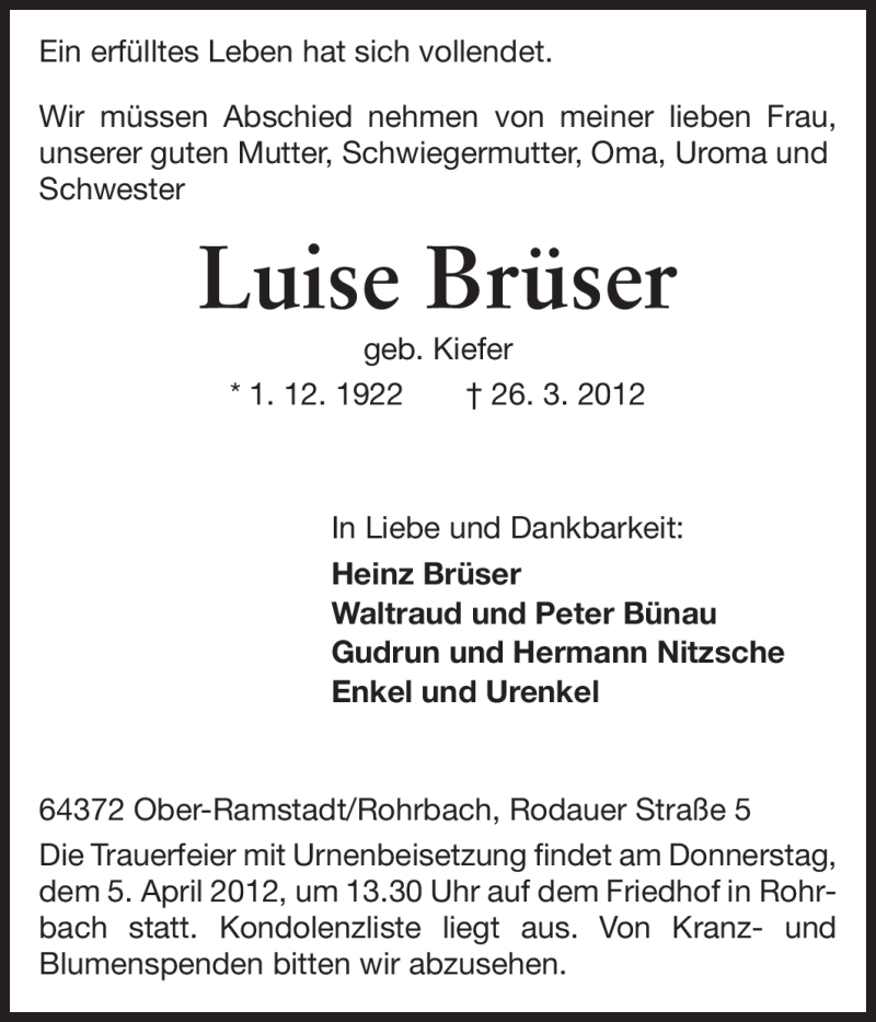  Traueranzeige für Luise Brüser vom 31.03.2012 aus Darmstädter Echo, Odenwälder Echo, Rüsselsheimer Echo, Groß-Gerauer-Echo, Ried Echo