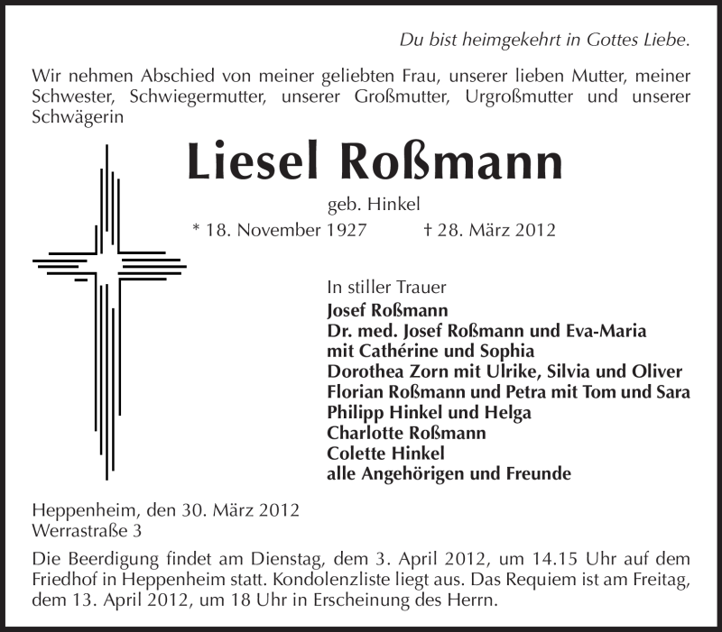  Traueranzeige für Liesel Roßmann vom 30.03.2012 aus Starkenburger Echo, Bergsträßer Anzeiger
