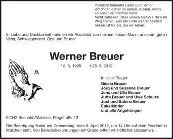 Traueranzeige von Werner Breuer von Echo-Zeitungen (Gesamtausgabe)
