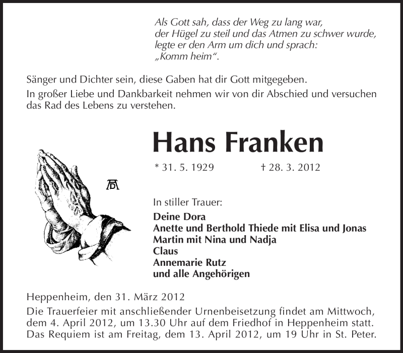  Traueranzeige für Hans Franken vom 31.03.2012 aus Starkenburger Echo