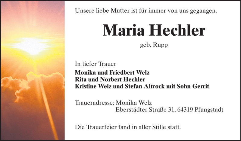  Traueranzeige für Maria Hechler vom 07.04.2012 aus Echo-Zeitungen (Gesamtausgabe)